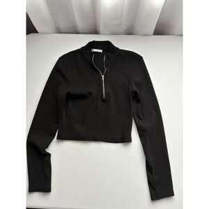 Zara Black Ribbed Knit Half Zip Long Sleeve Crop Top Women's